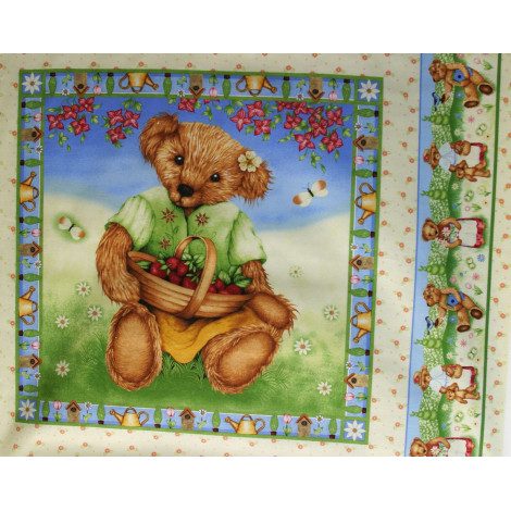 Patchworkstoff Panel Teddybär mit Erdbeeren