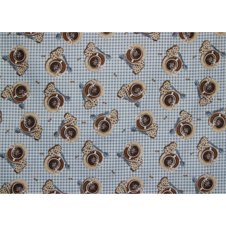 Patchworkstoff Kaffee mit Gebäck blau