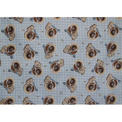 Patchworkstoff Kaffee mit Gebäck blau