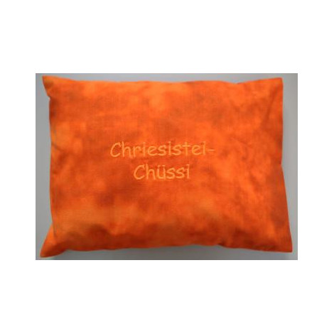 Kirschkernkissen orange mit "Chriesistei-Chüssi" gestickt